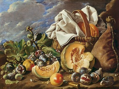 Nature morte avec figues, panier en osier, citrouille, pain, outre à vin et couteau - Luis Egidio Melendez